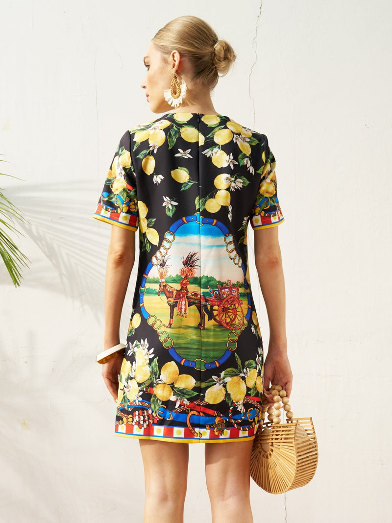 Lemon Carriage Print Mini Dress - Social Queen