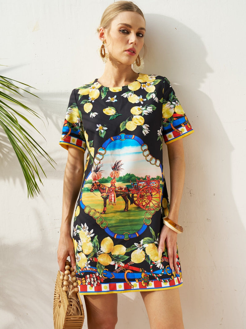 Lemon Carriage Print Mini Dress - Social Queen