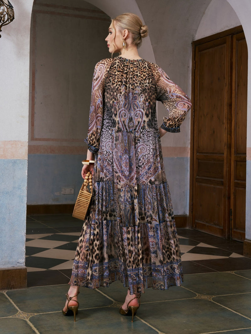 Leopard Paisley Print Silk Dress - Social Queen
