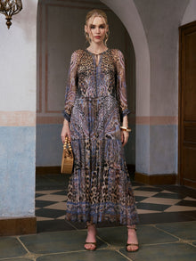 Leopard Paisley Print Silk Dress - Social Queen