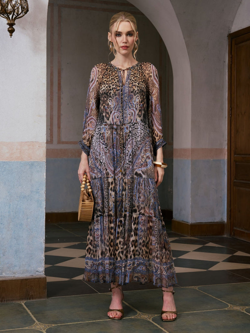 Leopard Paisley Print Silk Dress - Social Queen