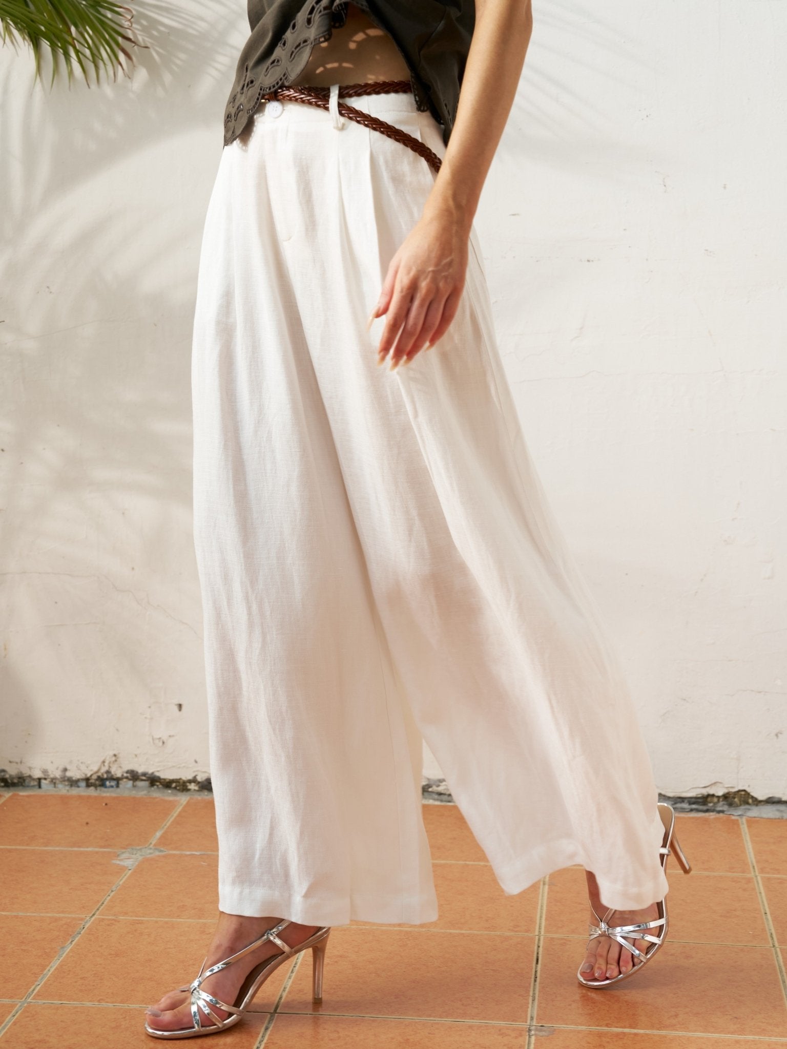 Linen Wide - Leg Pants with Belt - Social Queen
