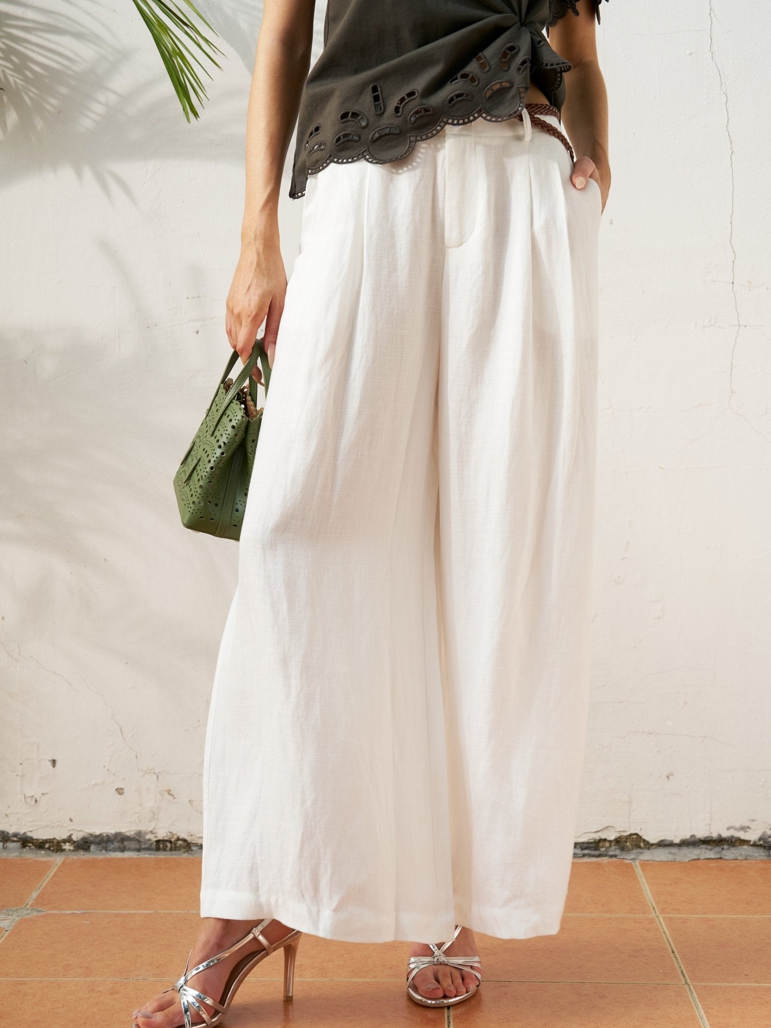 Linen Wide - Leg Pants with Belt - Social Queen