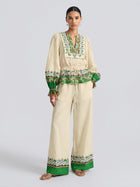 Majolica Print Linen Wide-Leg Pants - Social Queen