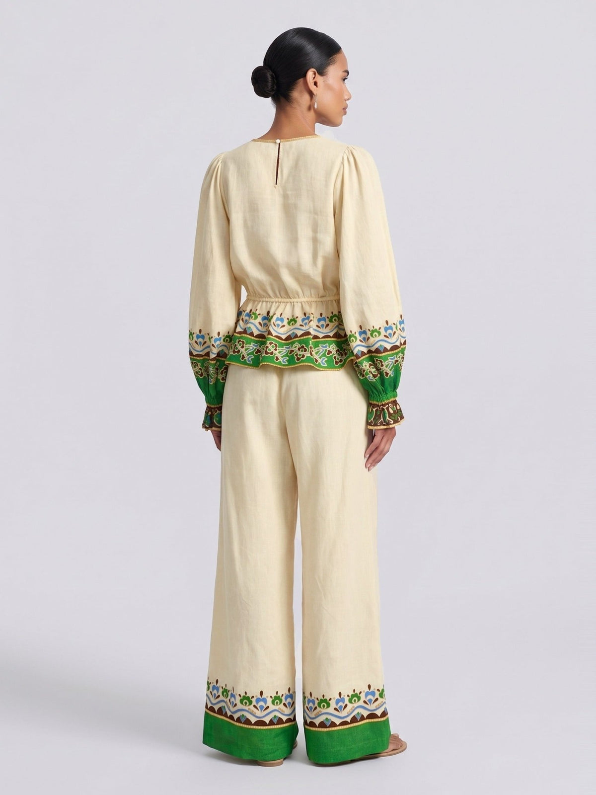 Majolica Print Linen Wide-Leg Pants - Social Queen