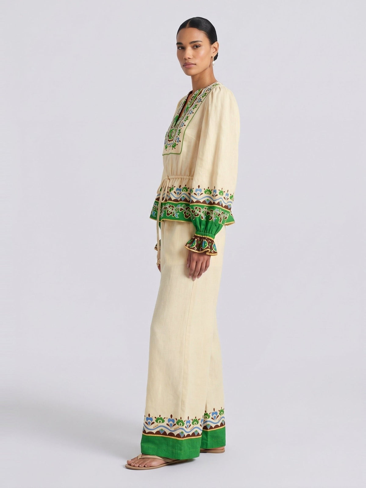 Majolica Print Ramie Tie-Waist Blouse - Social Queen
