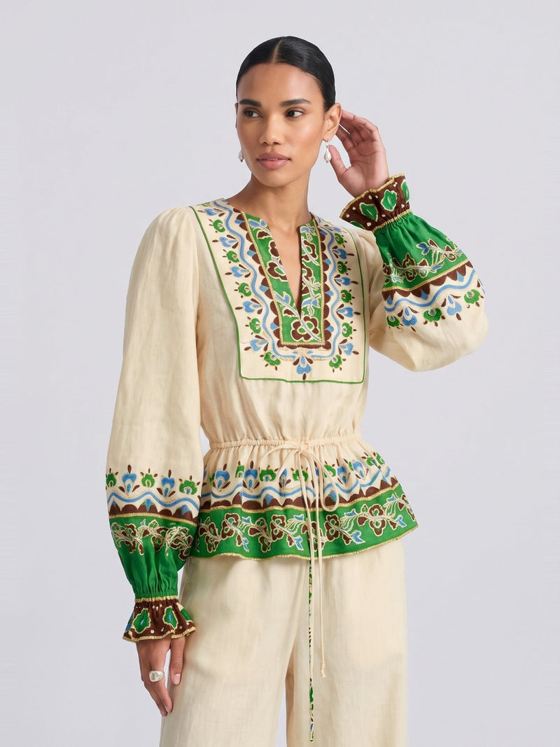 Majolica Print Ramie Tie-Waist Blouse - Social Queen