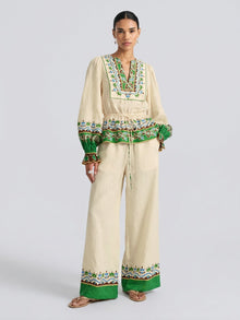 Majolica Print Ramie Tie-Waist Blouse - Social Queen