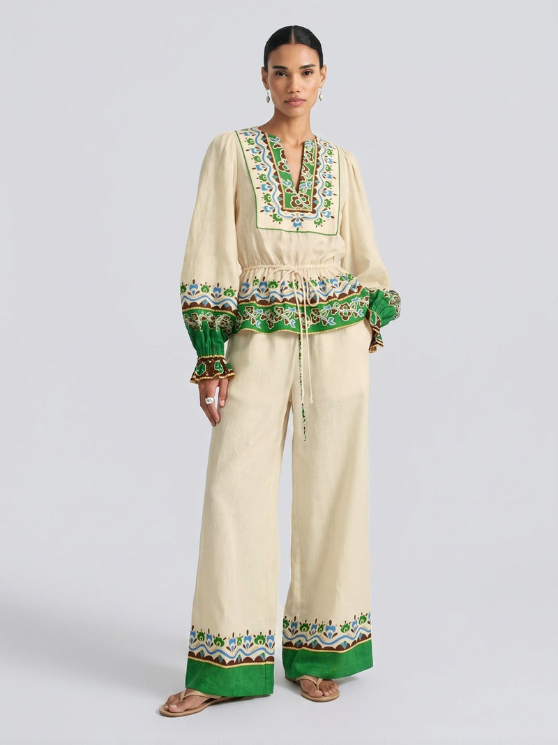 Majolica Print Ramie Tie-Waist Blouse - Social Queen