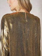 A woman is seen from behind wearing the Social Queen Metallic Crystal-Embellished Slit Dress, featuring an elegant metallic finish and button closure at the back. She has long hair and a dangling earring.