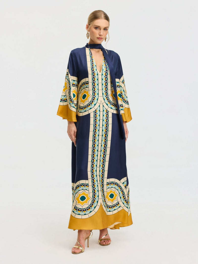 Moroccan Print Silk Caftan Dress - Social Queen