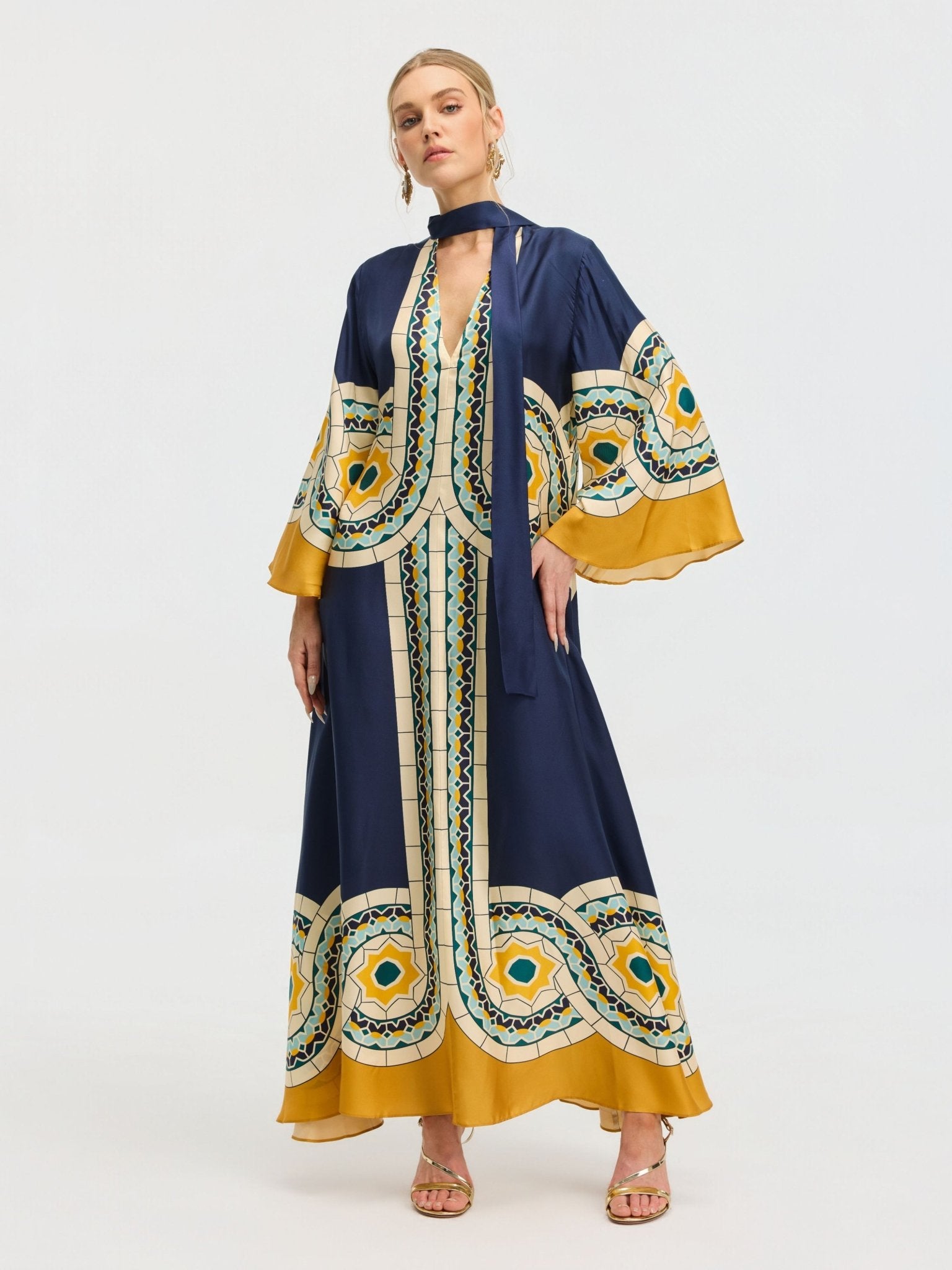 Moroccan Print Silk Caftan Dress - Social Queen