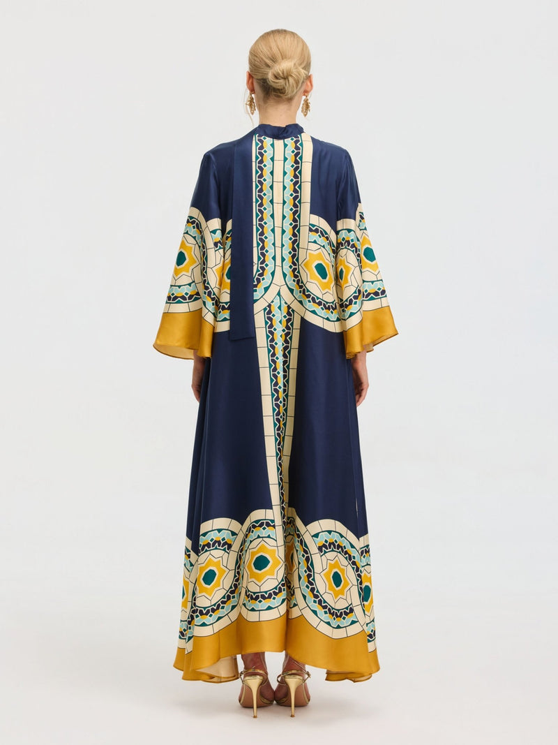 Moroccan Print Silk Caftan Dress - Social Queen