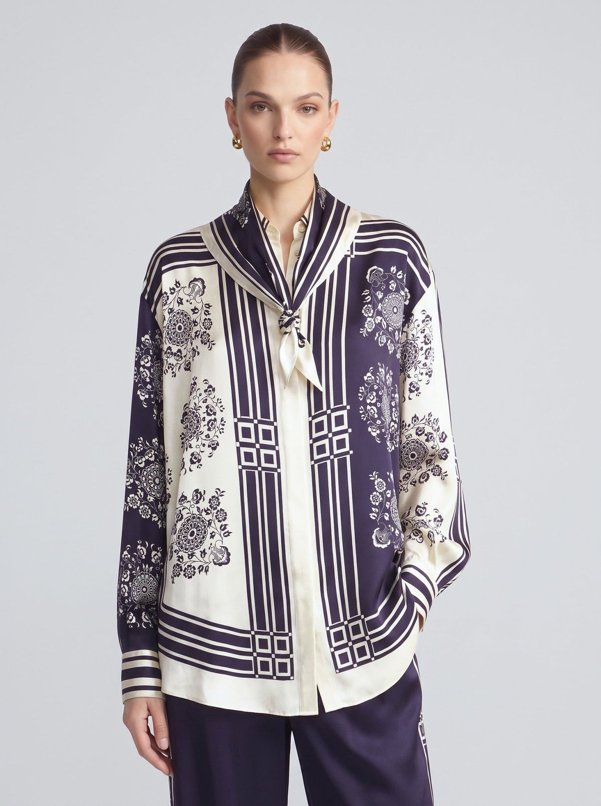 Nautical Motif Silk Shirt (Scarf Included) - Social Queen