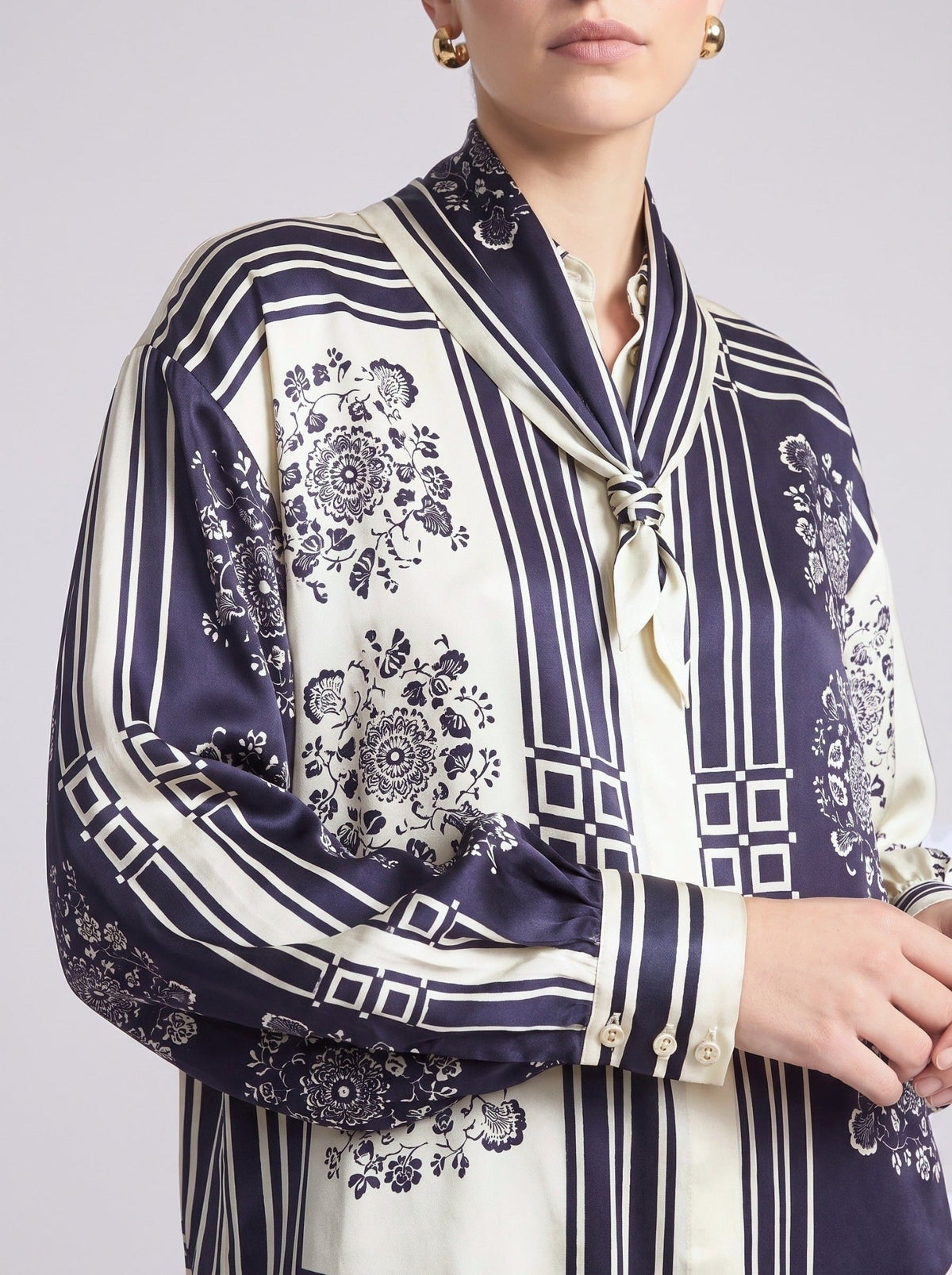 Nautical Motif Silk Shirt (Scarf Included) - Social Queen