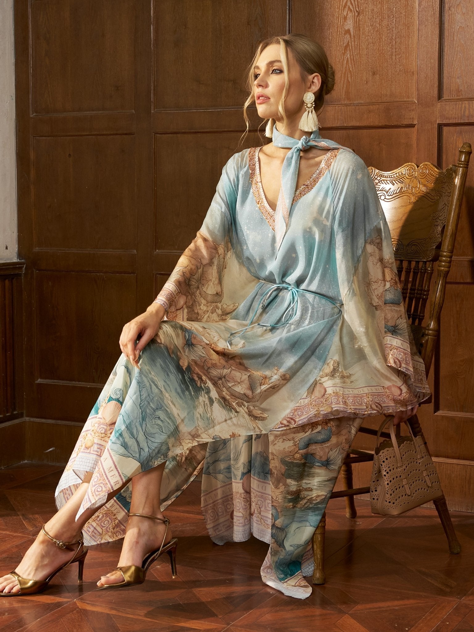 Ocean Print Silk Caftan Dress - Social Queen