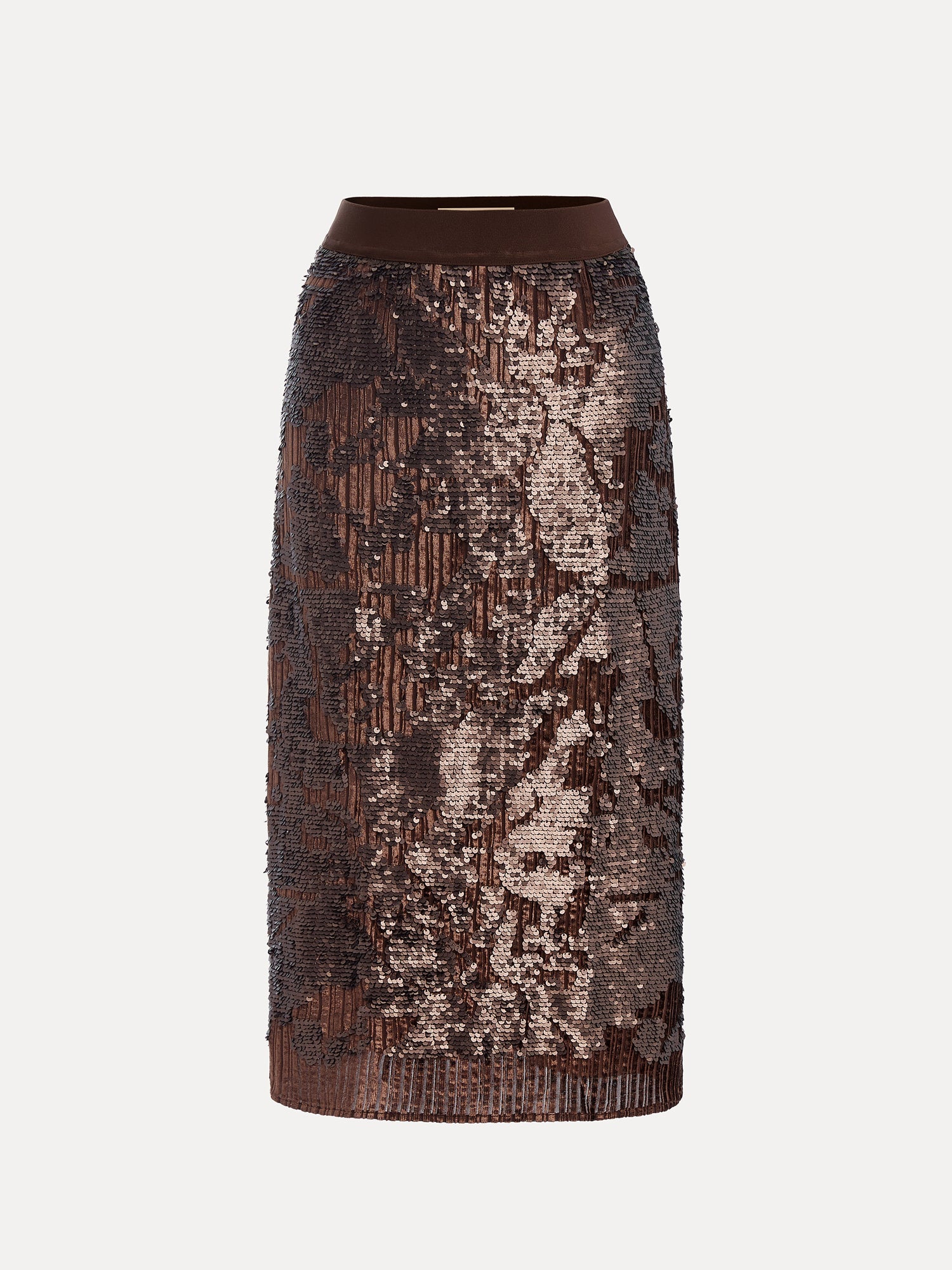 The Ombre Sequin Velvet Skirt by Social Queen is a knee-length brown skirt featuring a fitted waistband, ombré sequins, and a textured, shimmering pattern.