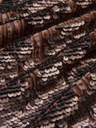 Close-up of bronze and brown ombré sequins arranged in textured horizontal rows on the Social Queen Ombre Sequin Velvet Skirt—an elegant, detailed piece perfect for adding a glamorous touch.