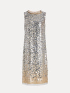 The Social Queen Ombre Silver & Gold Sequin Embellished Dress features a diamond-trimmed neckline, is sleeveless with a beige underlayer, and is displayed on a plain white background.