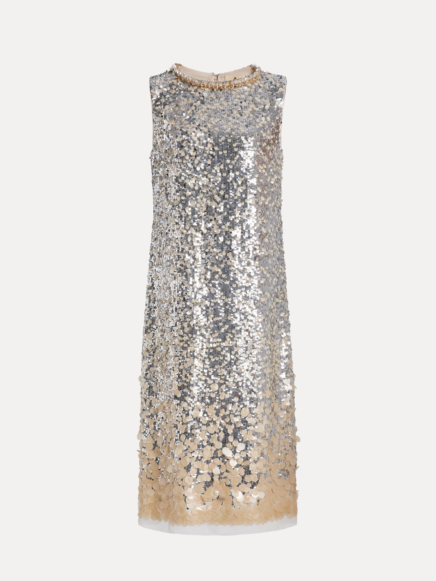 The Social Queen Ombre Silver & Gold Sequin Embellished Dress features a diamond-trimmed neckline, is sleeveless with a beige underlayer, and is displayed on a plain white background.