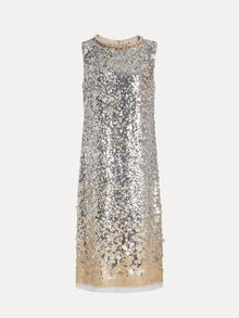 The Social Queen Ombre Silver & Gold Sequin Embellished Dress features a diamond-trimmed neckline, is sleeveless with a beige underlayer, and is displayed on a plain white background.