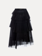 The Social Queen Organza Pleated Skirt in black features tiered hemlines, layered pleats, and a fitted waistband, shown against a white background.