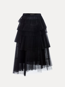 The Social Queen Organza Pleated Skirt in black features tiered hemlines, layered pleats, and a fitted waistband, shown against a white background.