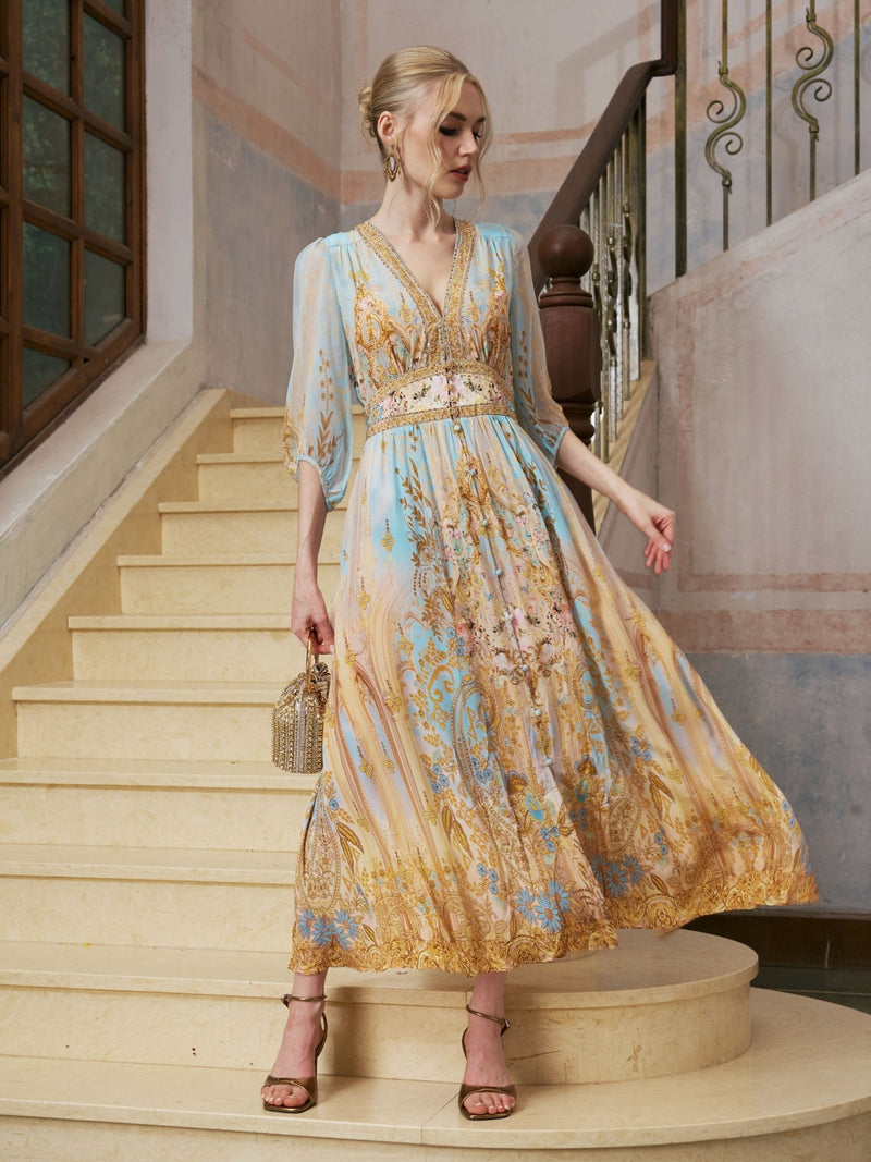 Paisley Architectural Print Silk Dress - Social Queen