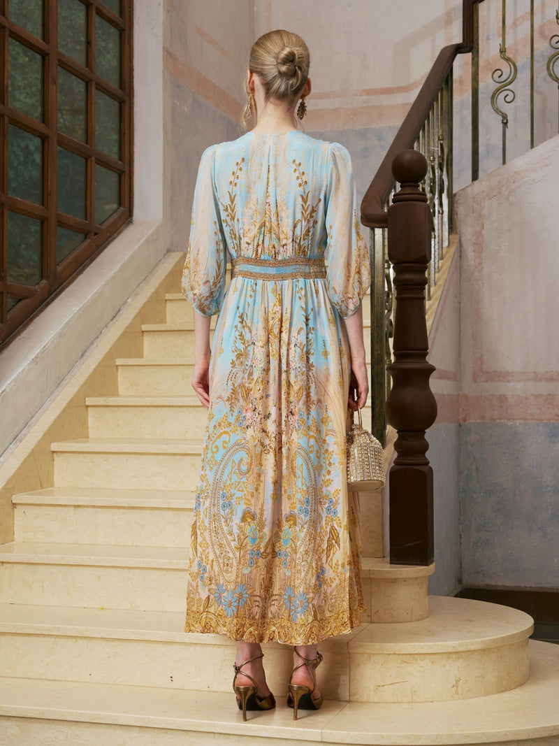 Paisley Architectural Print Silk Dress - Social Queen