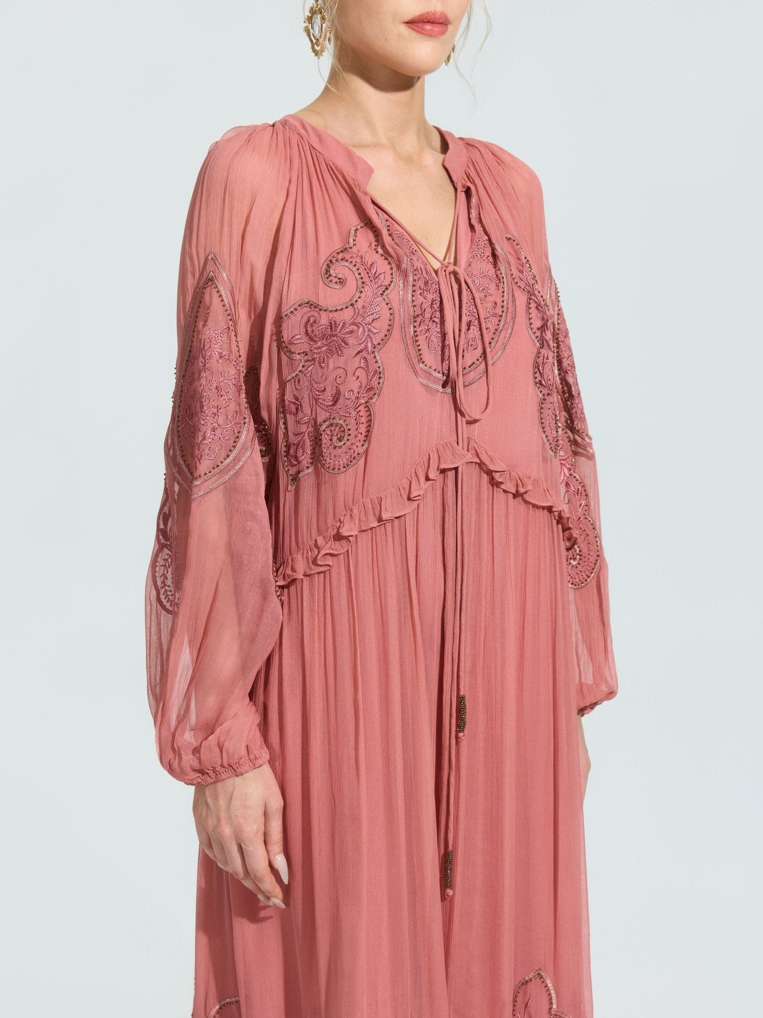 Paisley Embroidered Tie-Neck Dress - Social Queen