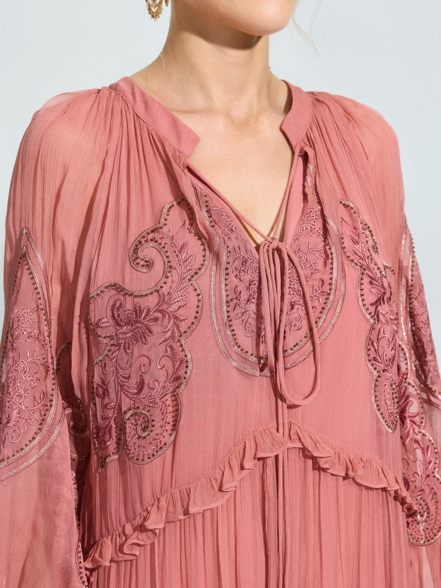 Paisley Embroidered Tie-Neck Dress - Social Queen