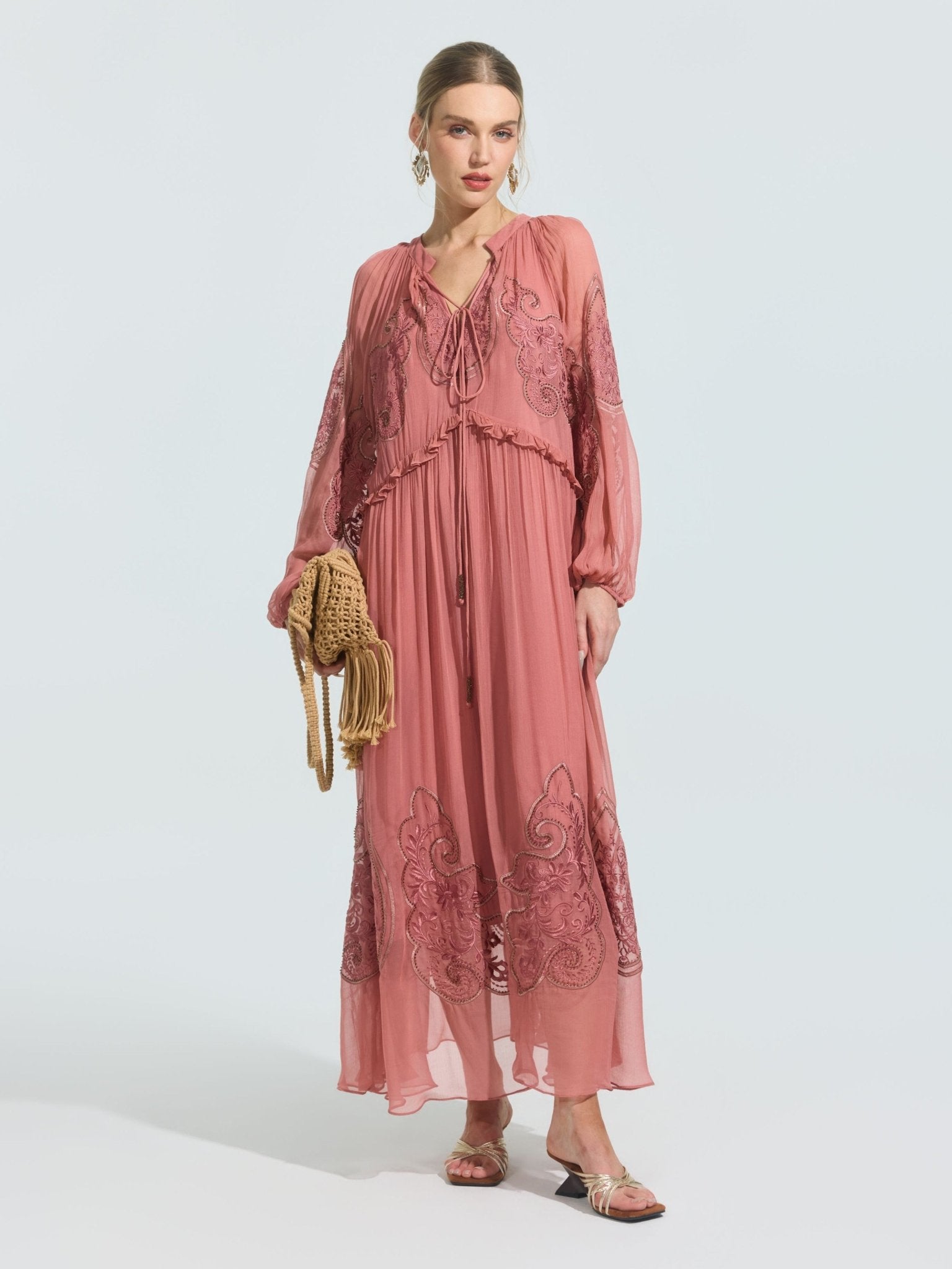 Paisley Embroidered Tie-Neck Dress - Social Queen