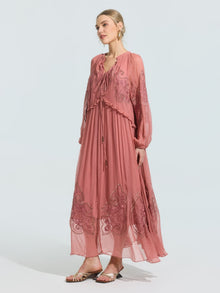 Paisley Embroidered Tie-Neck Dress - Social Queen