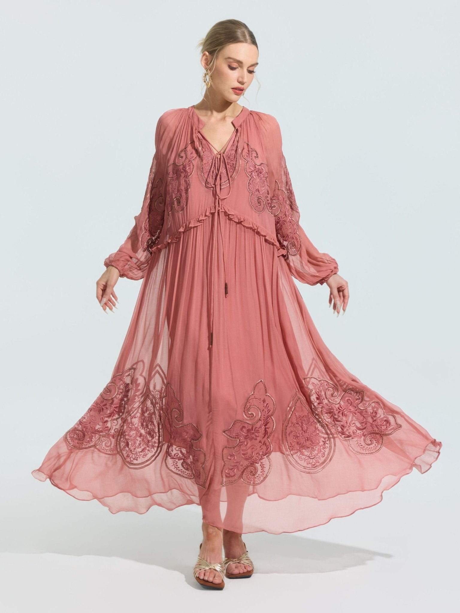 Paisley Embroidered Tie-Neck Dress - Social Queen
