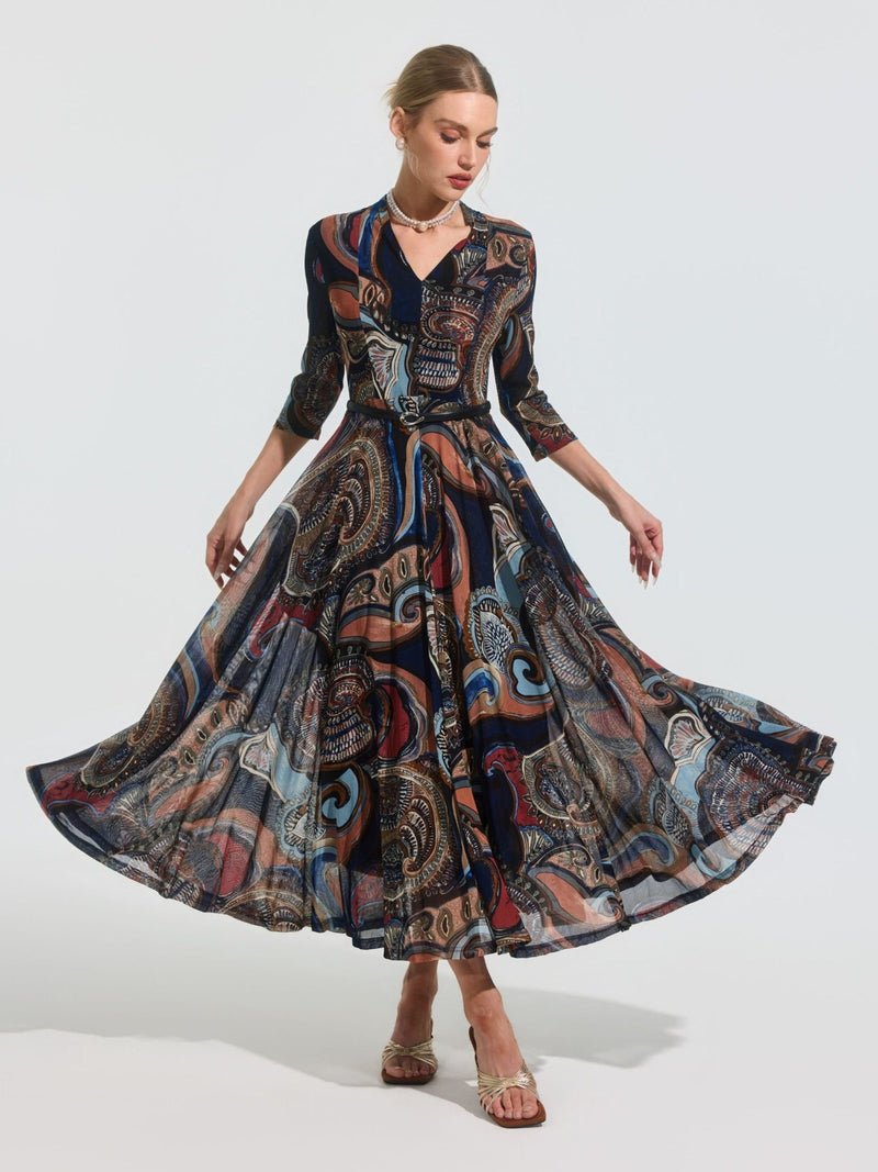Paisley Print Knit Dress (Belt Included) - Social Queen