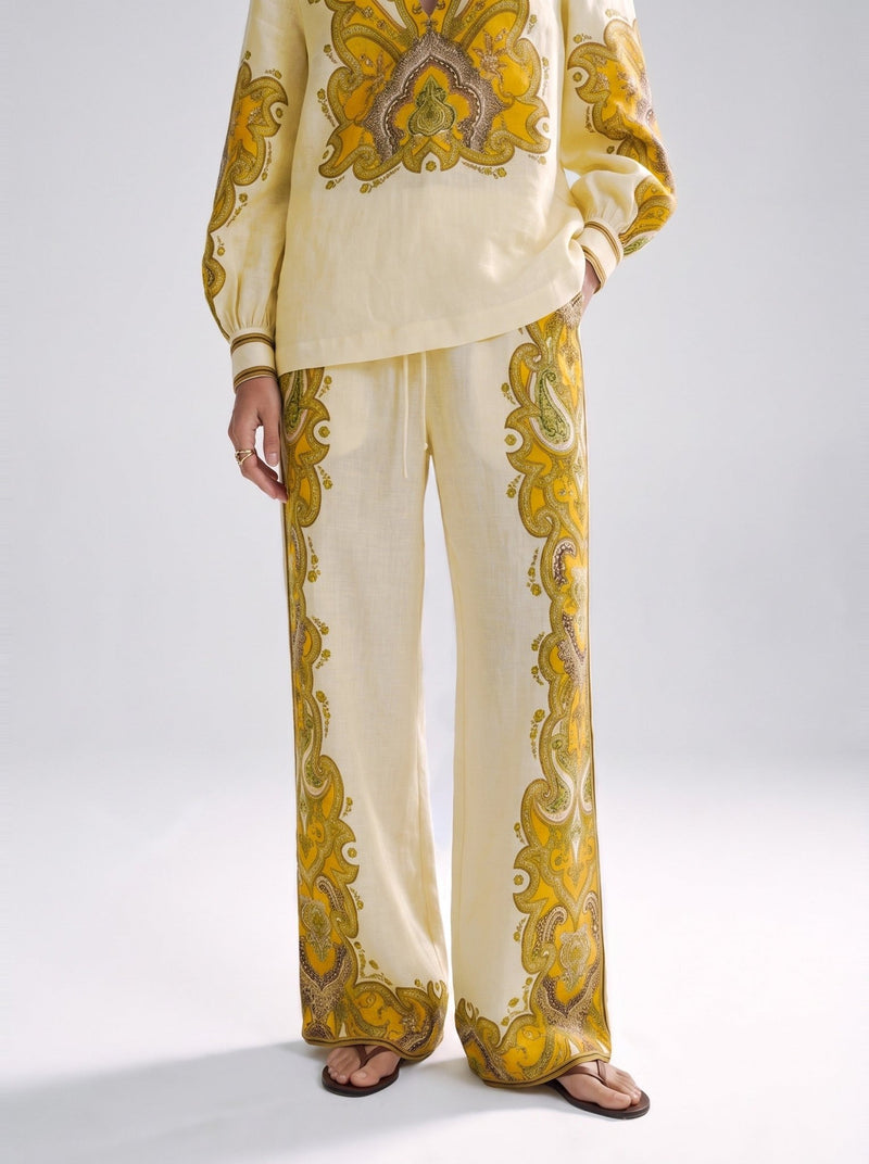Paisley Print Linen Wide-Leg Pants - Social Queen