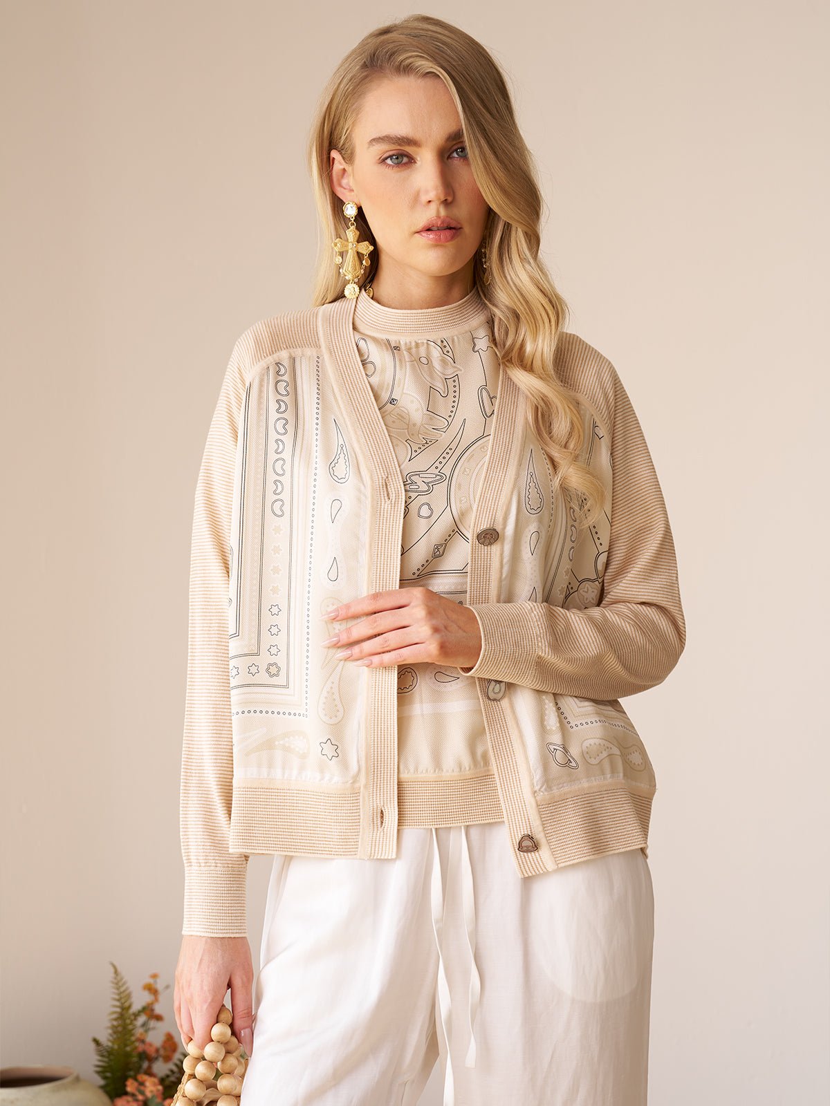 Paisley Print Panel Knit Cardigan - Social Queen