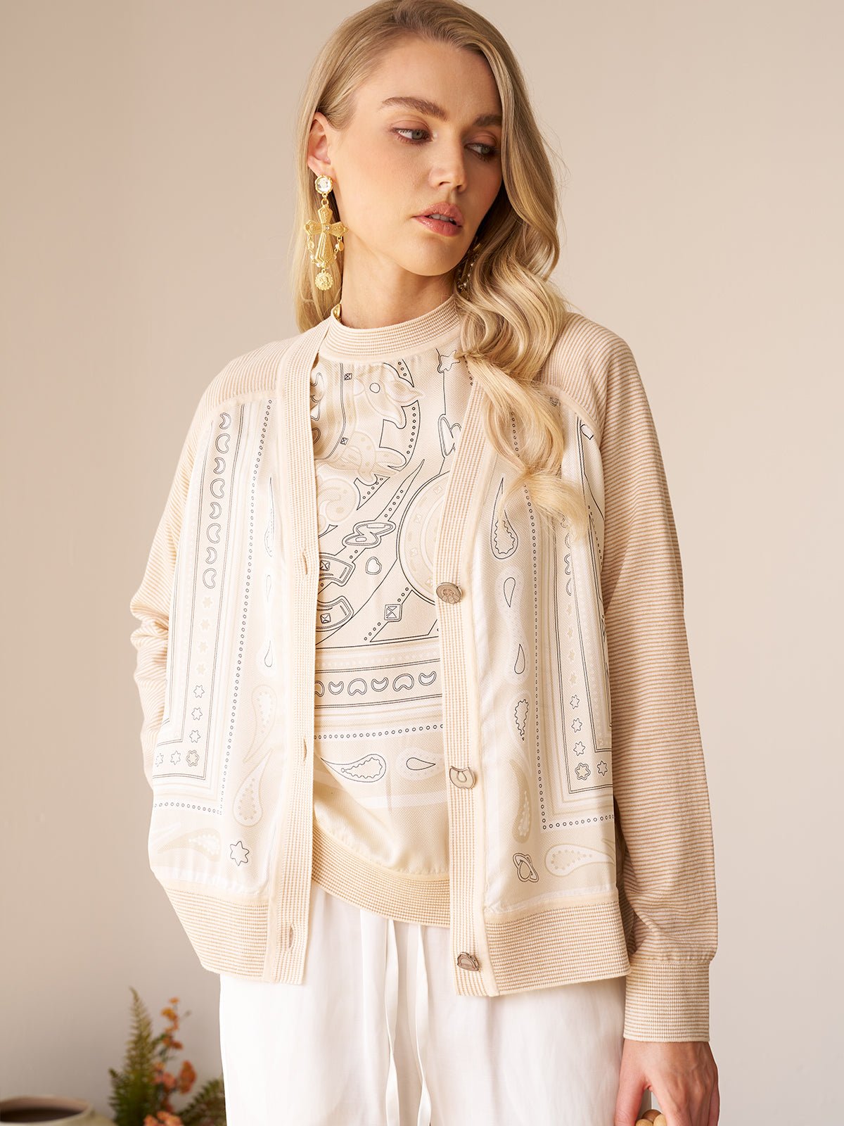 Paisley Print Panel Knit Cardigan - Social Queen