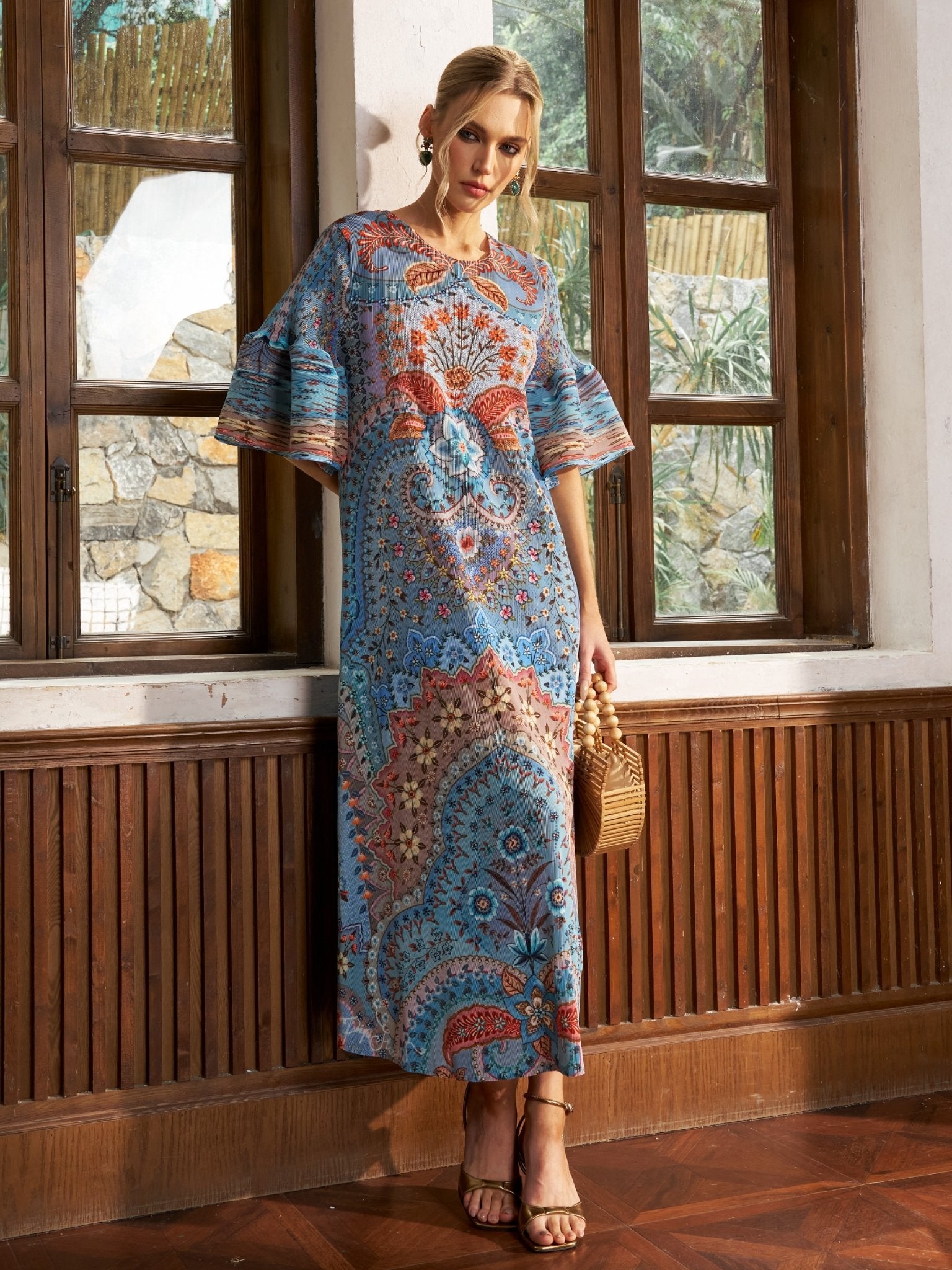 paisley design dress Print Pleated Midi BLUE / OS فساتين حوامل Lulus Black Lace Bodycon Size:US9 / UK8 / EU42 Length 51.5