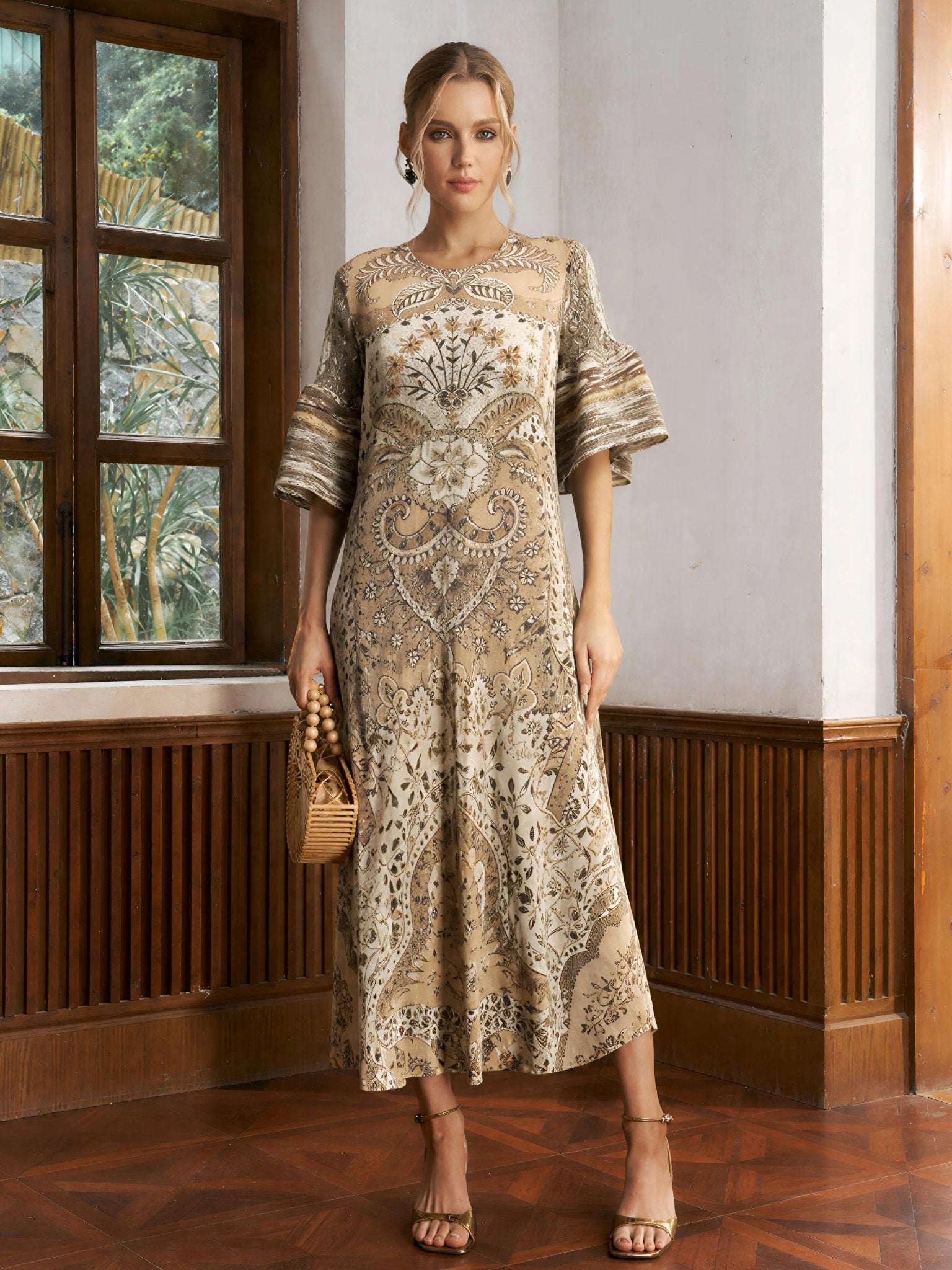 atlein paisley midi dress Paisley Print Pleated Midi Dress KHAKI / OS