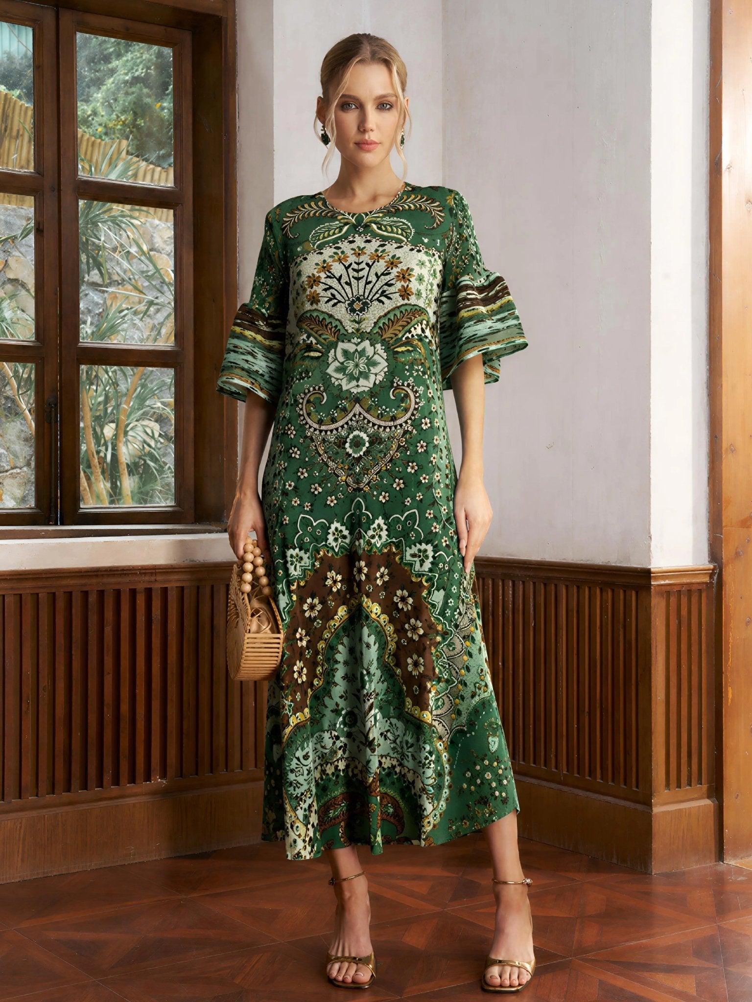 Paisley Print Pleated Midi Dress GREEN FLORAL / OS