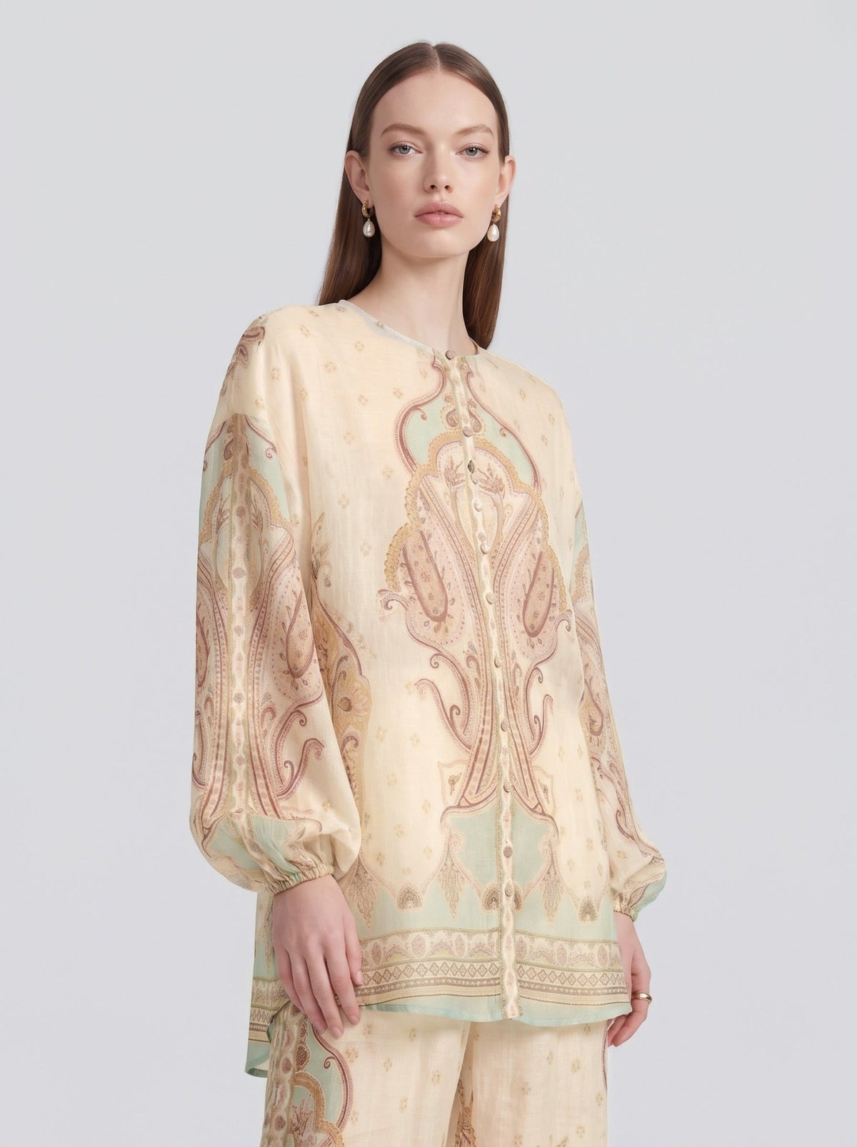 Paisley Print Puff-Sleeve Blouse - Social Queen