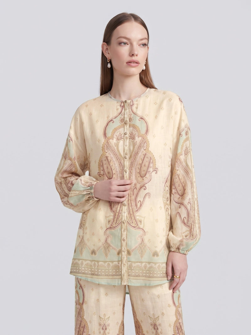 Paisley Print Puff-Sleeve Blouse - Social Queen