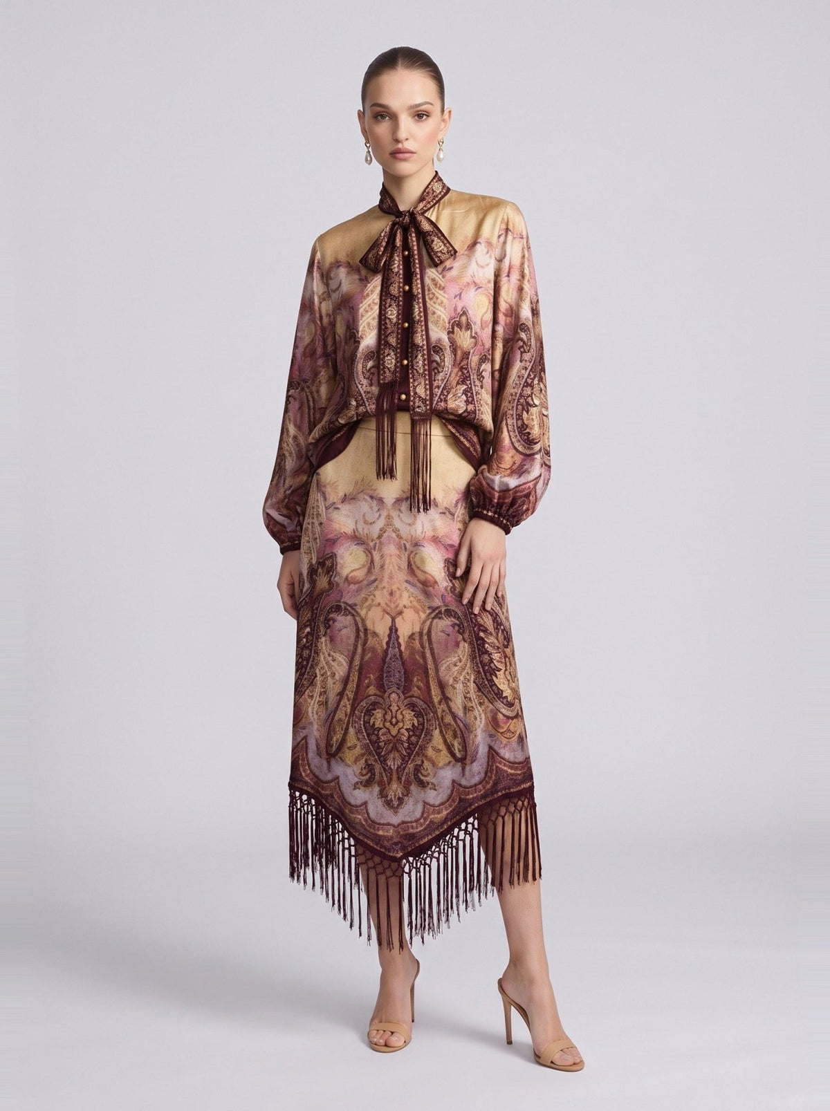 Paisley Print Silk Fringe Set - Social Queen