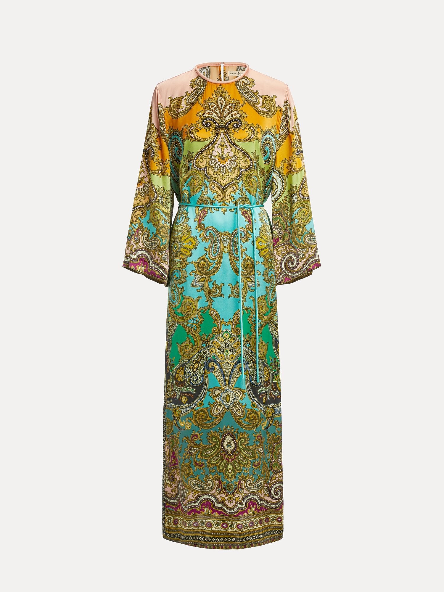 The Social Queen Paisley Printed Silk Satin Dress is a vintage-inspired, ankle-length piece with long sleeves, a waist belt, and hand-printed paisley patterns in yellow, green, and turquoise.