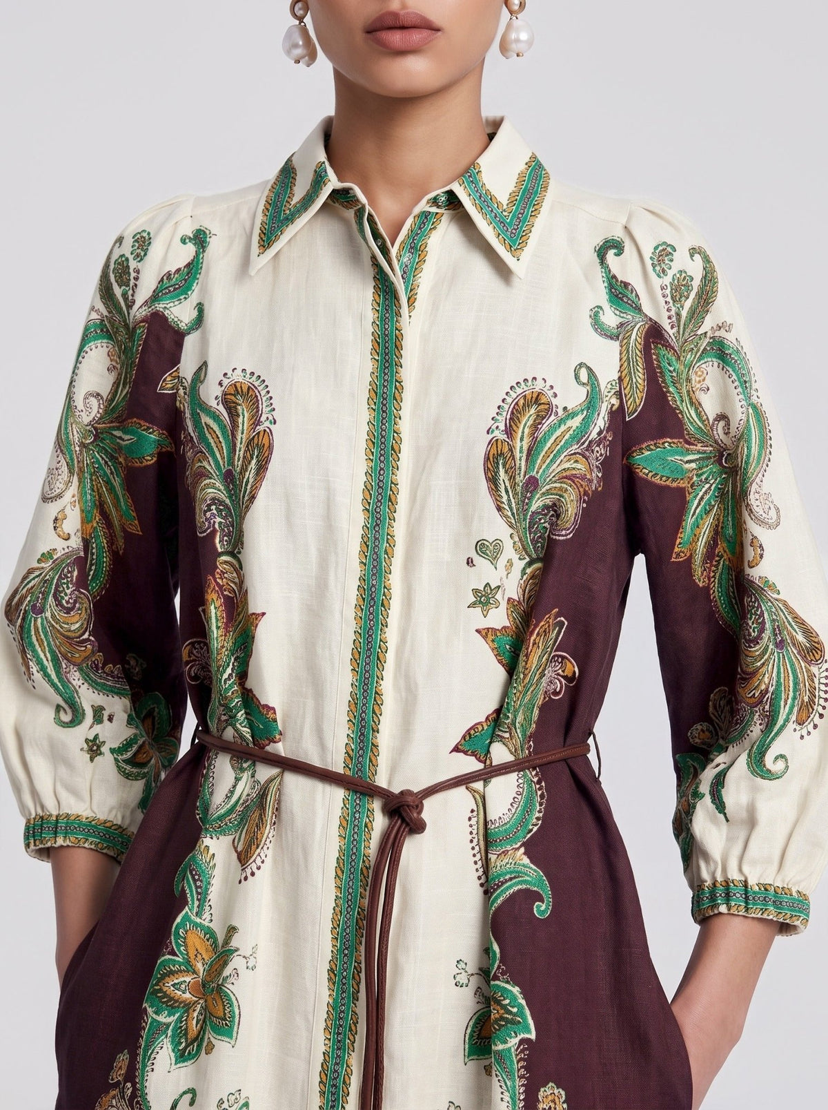 Paisley Vine Print Linen Shirtdress - Social Queen