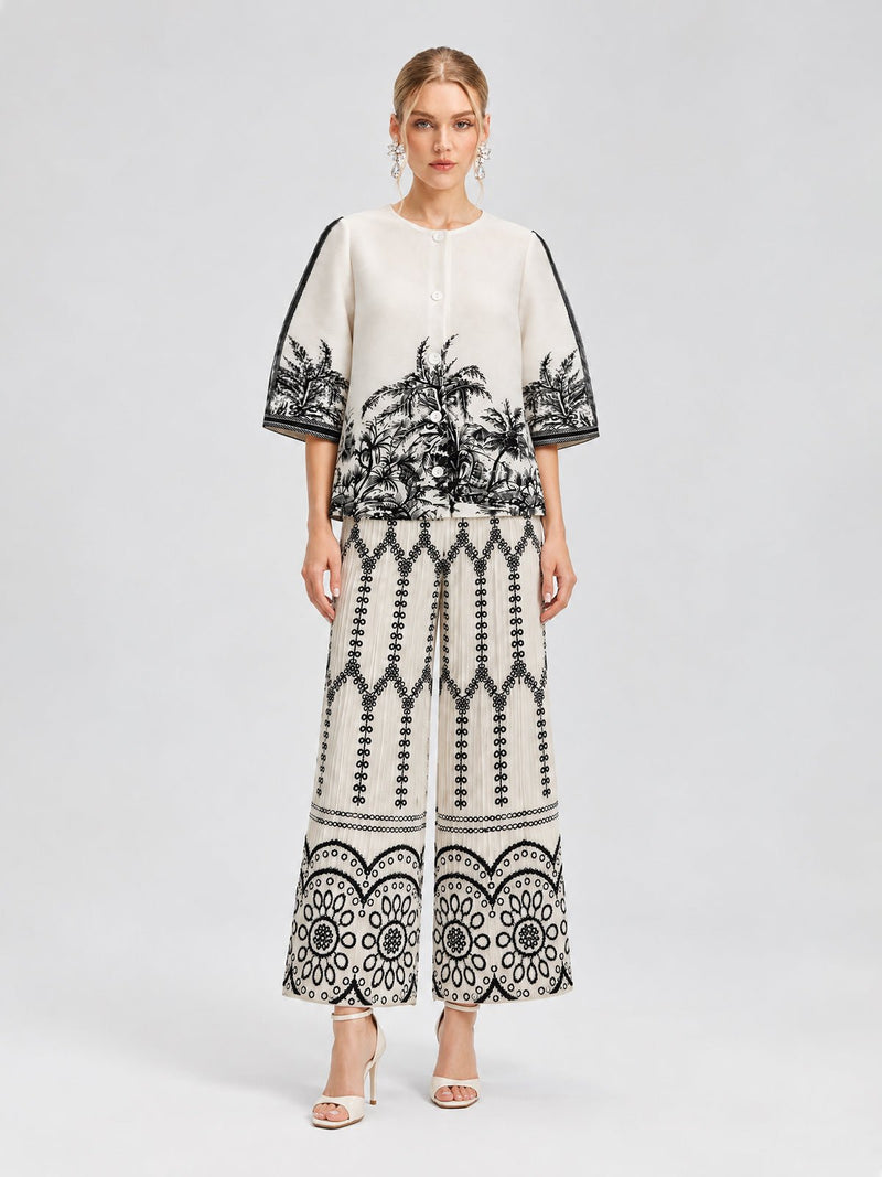 Palm Tree Print Pleated Blouse - Social Queen