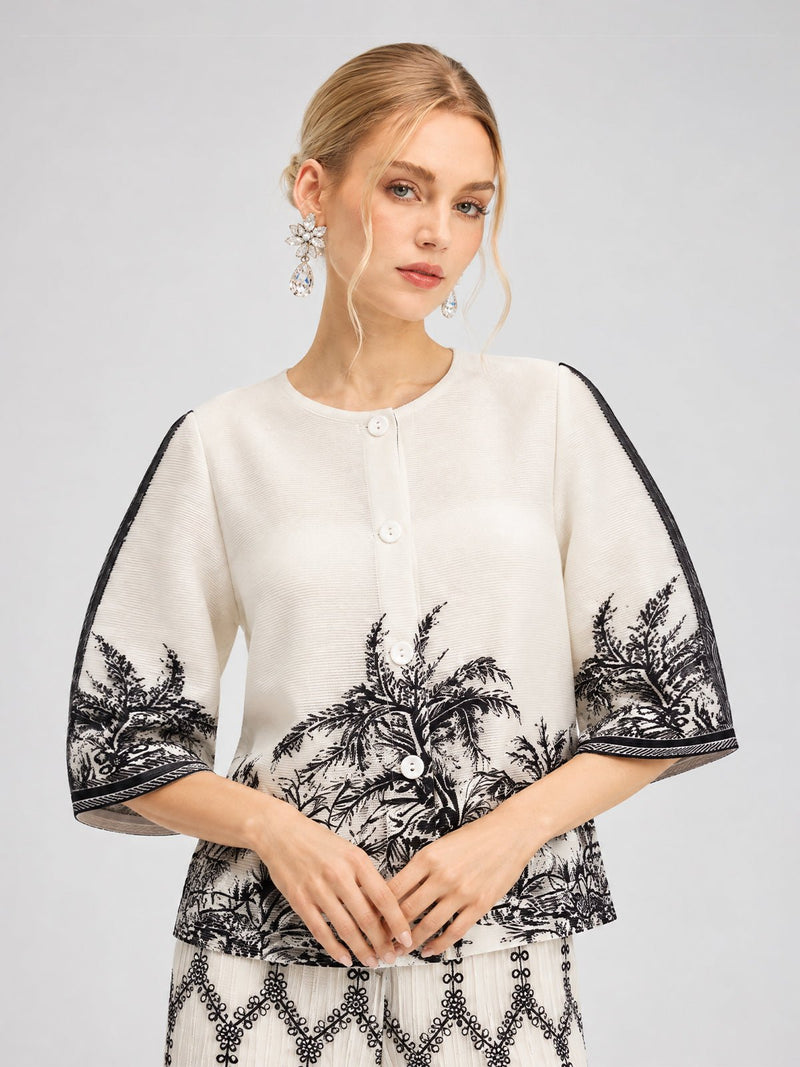 Palm Tree Print Pleated Blouse - Social Queen