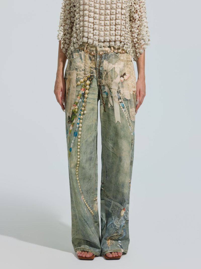 Pearl Chain Printed Jeans - Social Queen
