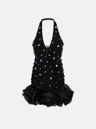 The Social Queen Pearl-Crystal Embellished Floral Hem Mini Dress features a black halter-neck design with crystals, beads, pearls, a deep V neckline, and a ruffled floral hem.